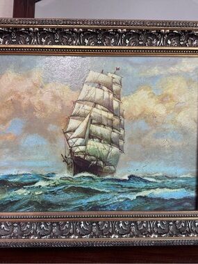 Framed Sailing Ship Oil-Style Wall Art in Blue and Cream
